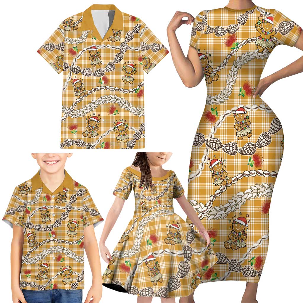 Gold Palaka Hawaii Mele Kalikimaka Family Matching Short Sleeve Bodycon Dress and Hawaiian Shirt Ohia Lehua Shell Leis Funny Gingerbread Santa LT14 - Polynesian Pride