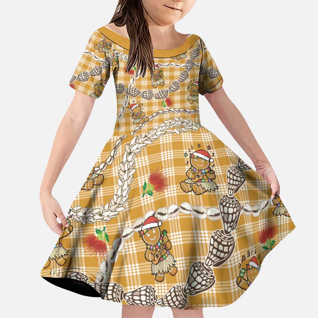 Gold Palaka Hawaii Mele Kalikimaka Family Matching Tank Maxi Dress and Hawaiian Shirt Ohia Lehua Shell Leis Funny Gingerbread Santa LT14 Daughter's Dress Gold - Polynesian Pride