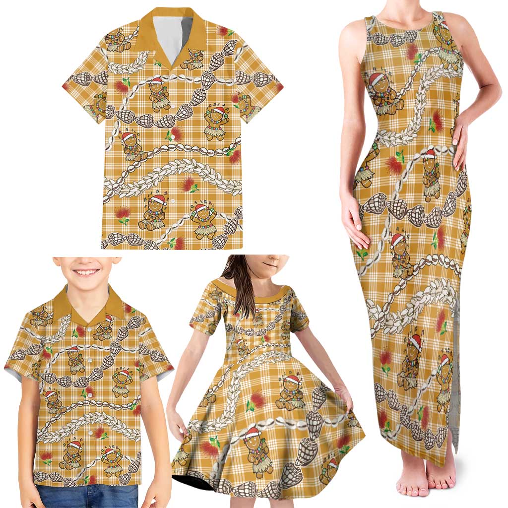 Gold Palaka Hawaii Mele Kalikimaka Family Matching Tank Maxi Dress and Hawaiian Shirt Ohia Lehua Shell Leis Funny Gingerbread Santa - Polynesian Pride