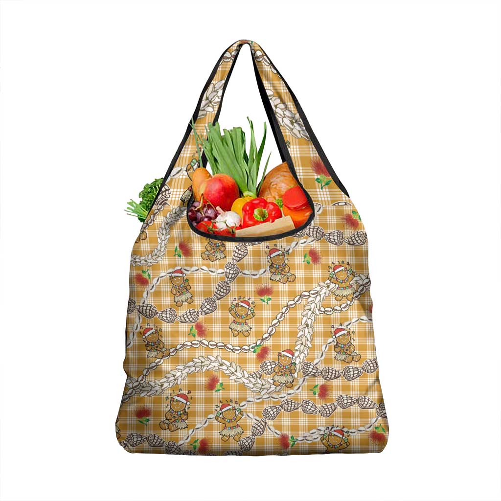 Gold Palaka Hawaii Mele Kalikimaka Grocery Bag Ohia Lehua Shell Leis Funny Gingerbread Santa - Polynesian Pride