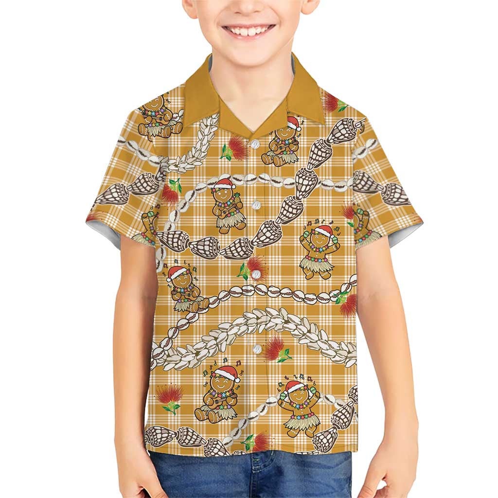 Gold Palaka Hawaii Mele Kalikimaka Hawaiian Shirt Ohia Lehua Shell Leis Funny Gingerbread Santa - Polynesian Pride