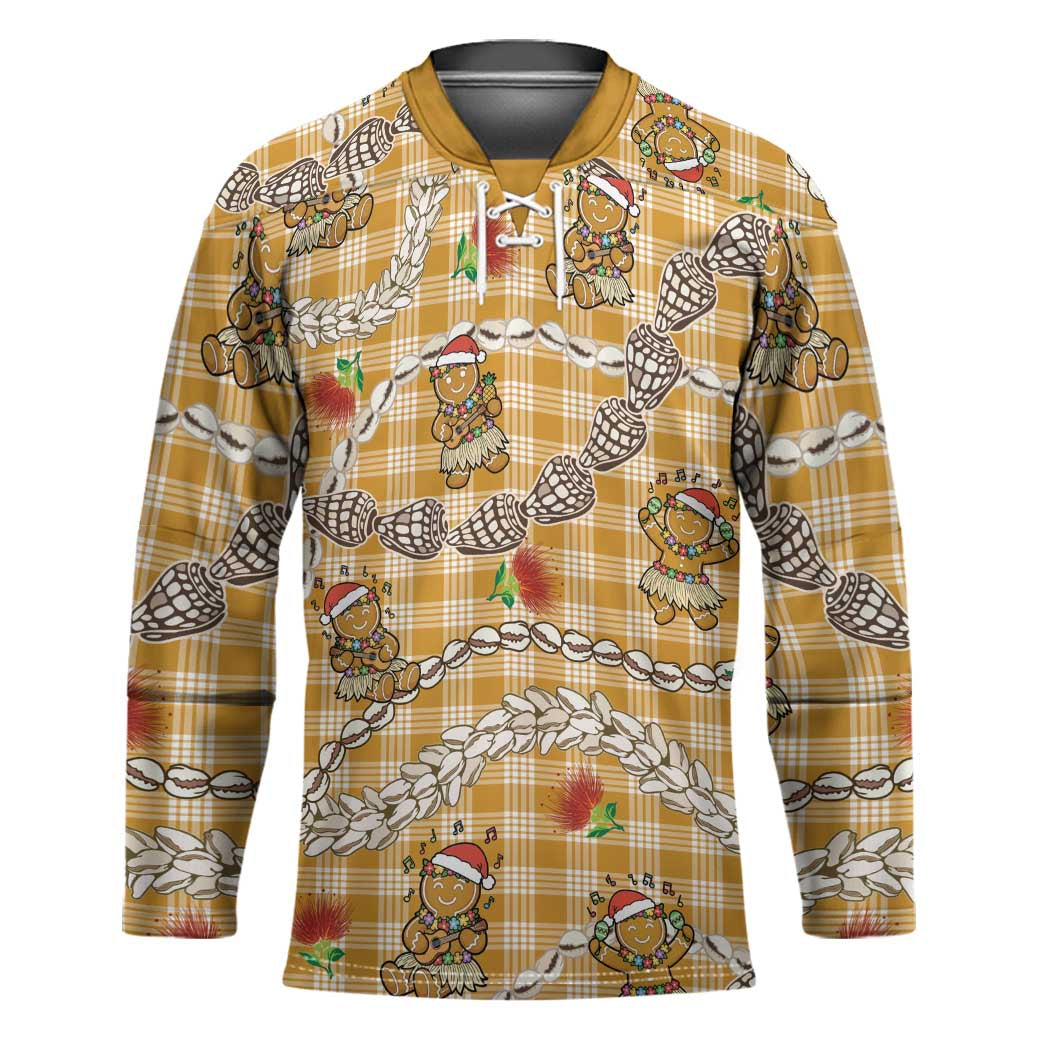 Gold Palaka Hawaii Mele Kalikimaka Hockey Jersey Ohia Lehua Shell Leis Funny Gingerbread Santa - Polynesian Pride