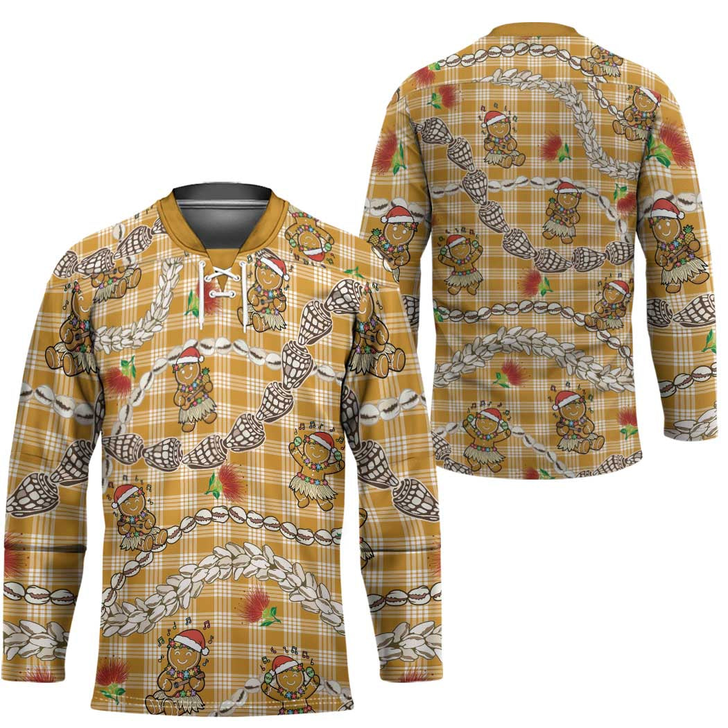 Gold Palaka Hawaii Mele Kalikimaka Hockey Jersey Ohia Lehua Shell Leis Funny Gingerbread Santa - Polynesian Pride