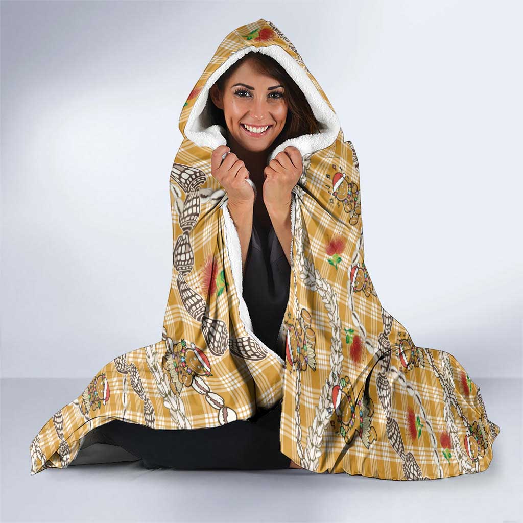 Gold Palaka Hawaii Mele Kalikimaka Hooded Blanket Ohia Lehua Shell Leis Funny Gingerbread Santa - Polynesian Pride