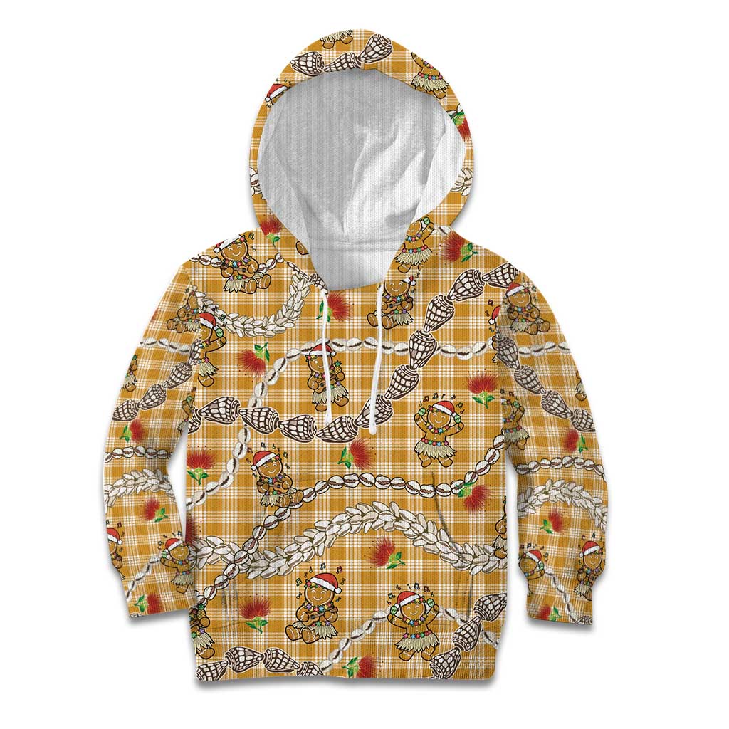 Gold Palaka Hawaii Mele Kalikimaka Kid Hoodie Ohia Lehua Shell Leis Funny Gingerbread Santa - Polynesian Pride