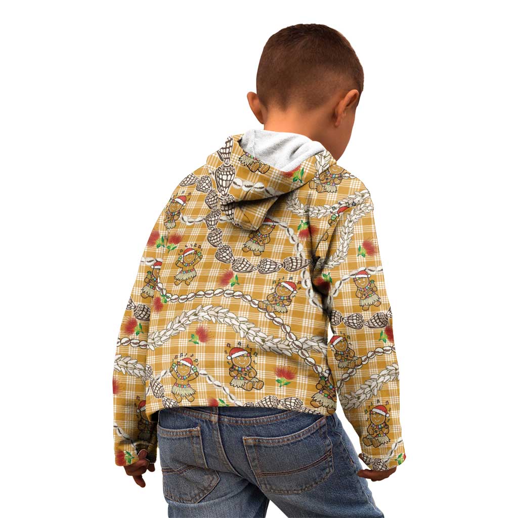Gold Palaka Hawaii Mele Kalikimaka Kid Hoodie Ohia Lehua Shell Leis Funny Gingerbread Santa - Polynesian Pride