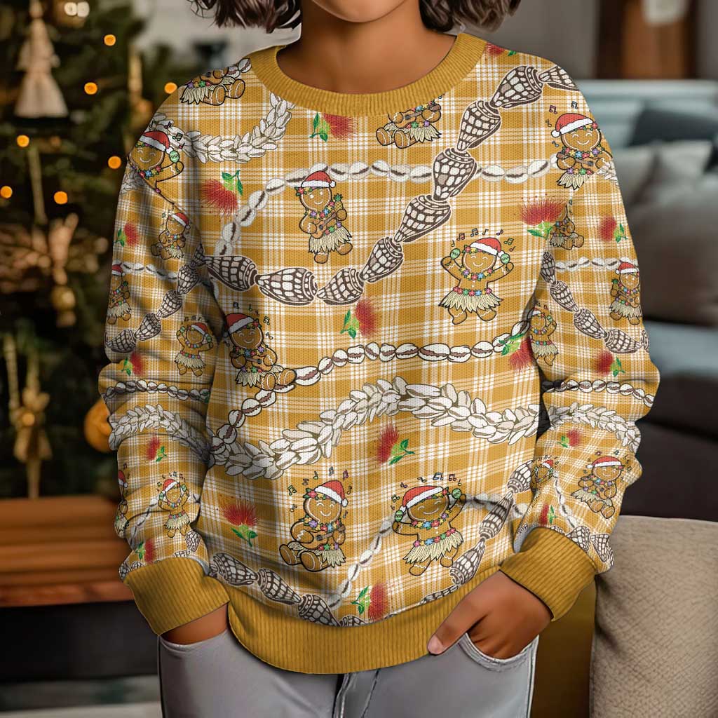 Gold Palaka Hawaii Mele Kalikimaka Kid Ugly Christmas Sweater Ohia Lehua Shell Leis Funny Gingerbread Santa - Polynesian Pride