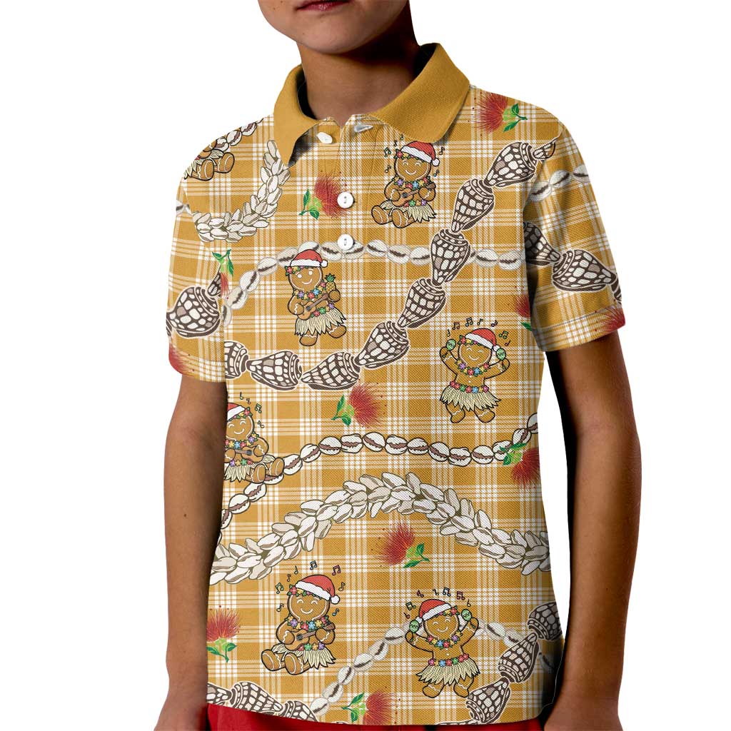 Gold Palaka Hawaii Mele Kalikimaka Kid Polo Shirt Ohia Lehua Shell Leis Funny Gingerbread Santa - Polynesian Pride