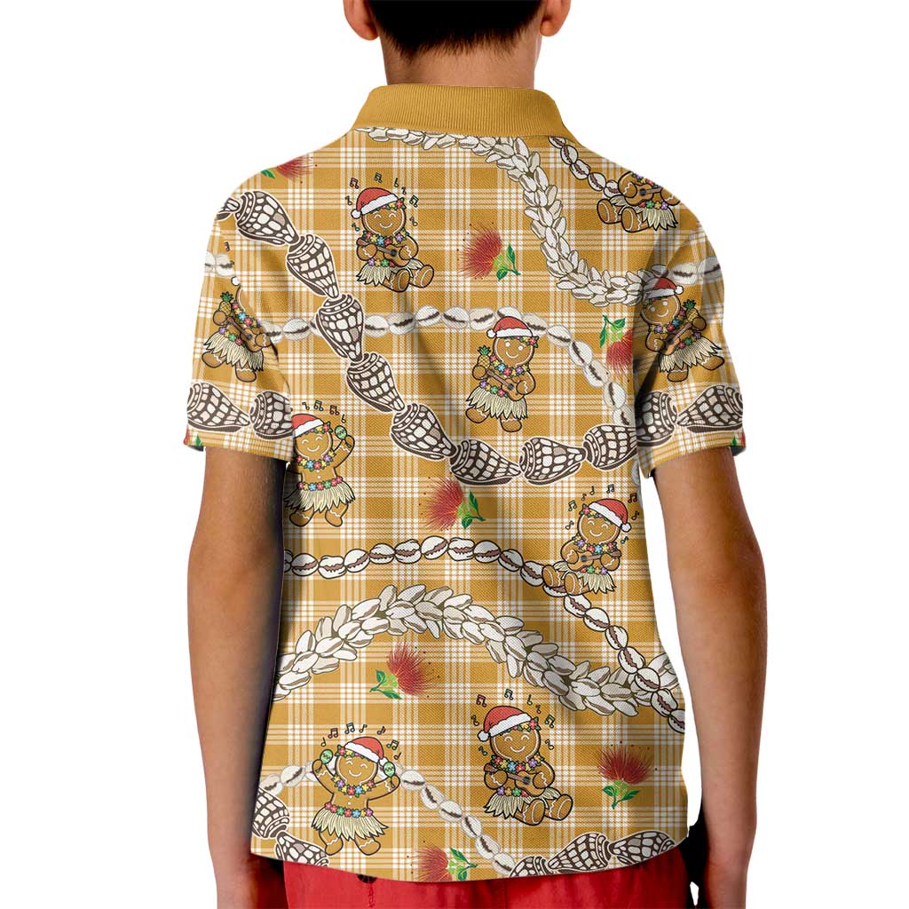 Gold Palaka Hawaii Mele Kalikimaka Kid Polo Shirt Ohia Lehua Shell Leis Funny Gingerbread Santa - Polynesian Pride