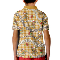 Gold Palaka Hawaii Mele Kalikimaka Kid Polo Shirt Ohia Lehua Shell Leis Funny Gingerbread Santa - Polynesian Pride