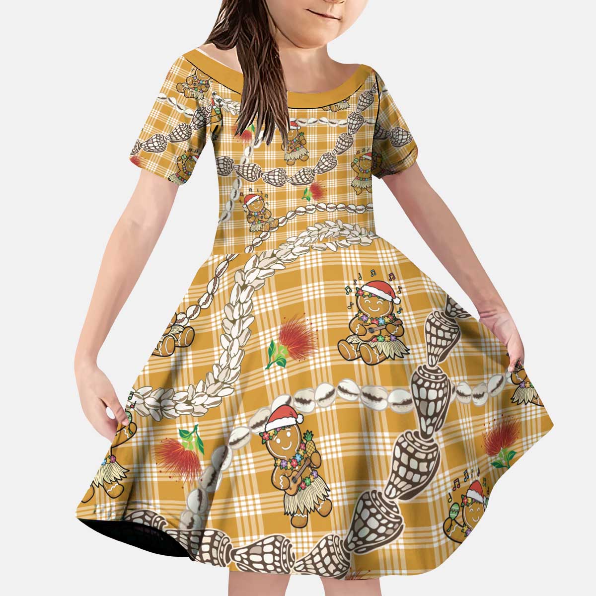 Gold Palaka Hawaii Mele Kalikimaka Kid Short Sleeve Dress Ohia Lehua Shell Leis Funny Gingerbread Santa - Polynesian Pride