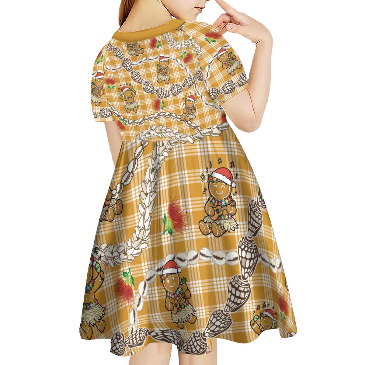 Gold Palaka Hawaii Mele Kalikimaka Kid Short Sleeve Dress Ohia Lehua Shell Leis Funny Gingerbread Santa - Polynesian Pride