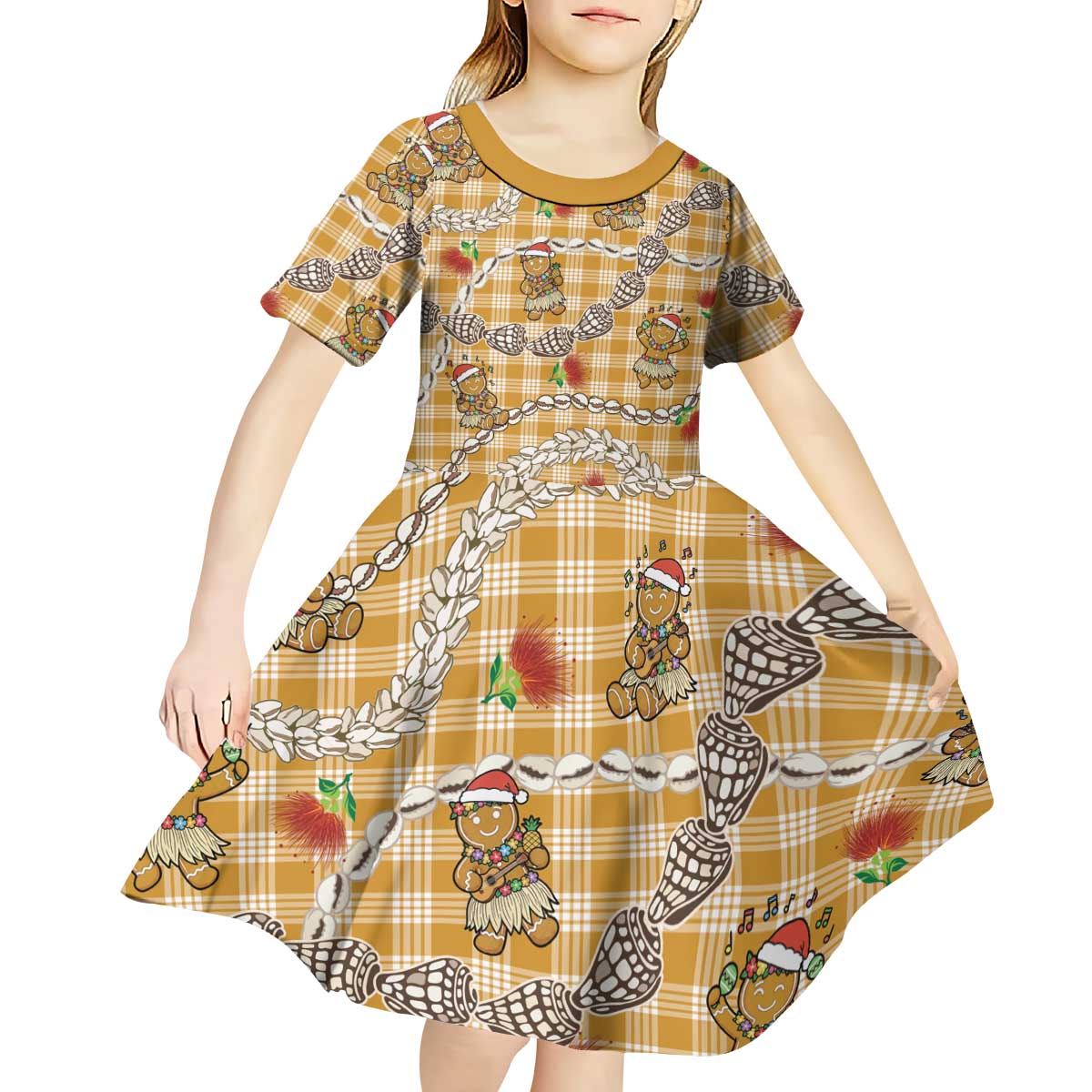 Gold Palaka Hawaii Mele Kalikimaka Kid Short Sleeve Dress Ohia Lehua Shell Leis Funny Gingerbread Santa - Polynesian Pride
