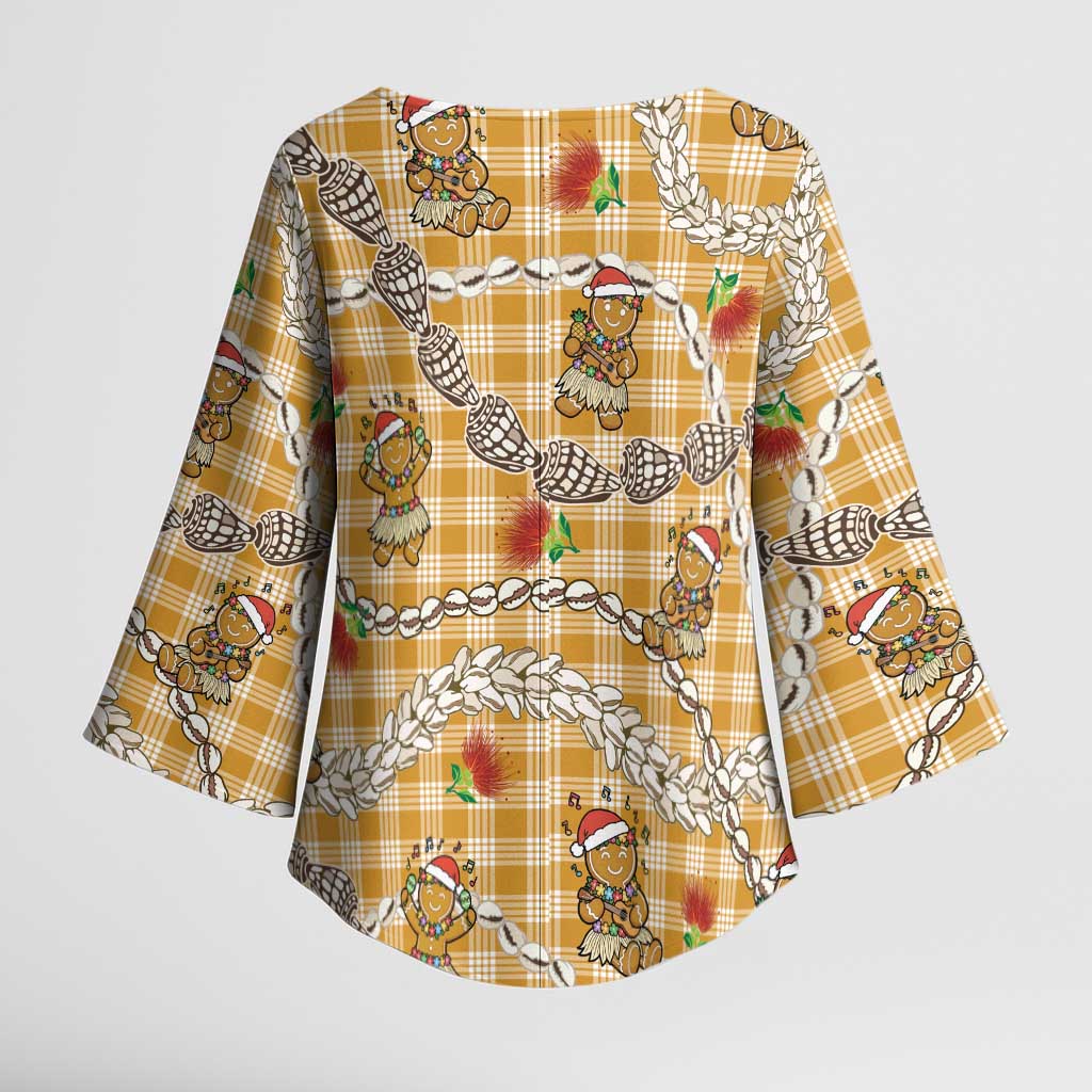 Gold Palaka Hawaii Mele Kalikimaka Kimono Sleeve Blouse Ohia Lehua Shell Leis Funny Gingerbread Santa - Polynesian Pride