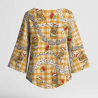 Gold Palaka Hawaii Mele Kalikimaka Kimono Sleeve Blouse Ohia Lehua Shell Leis Funny Gingerbread Santa - Polynesian Pride