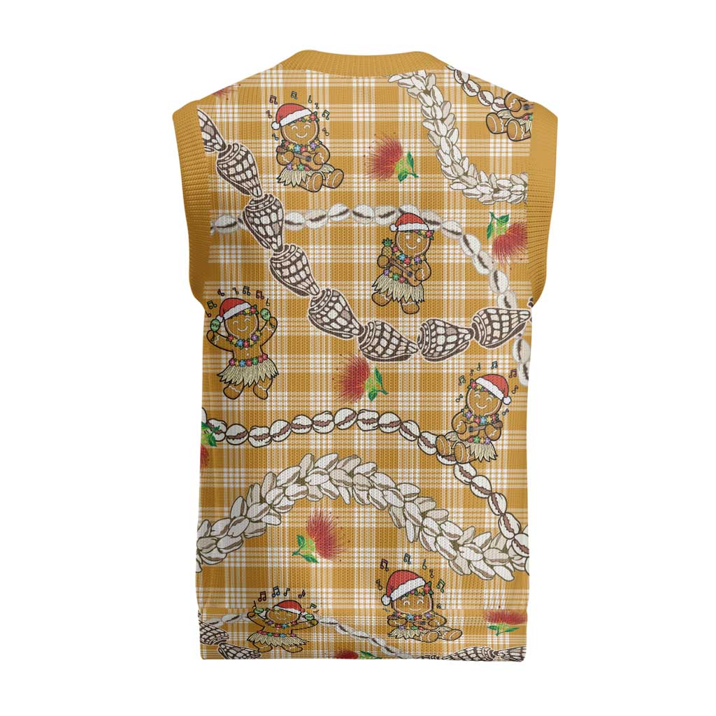 Gold Palaka Hawaii Mele Kalikimaka Christmas Knitted V-Neck Vest Ohia Lehua Shell Leis Funny Gingerbread Santa - Polynesian Pride