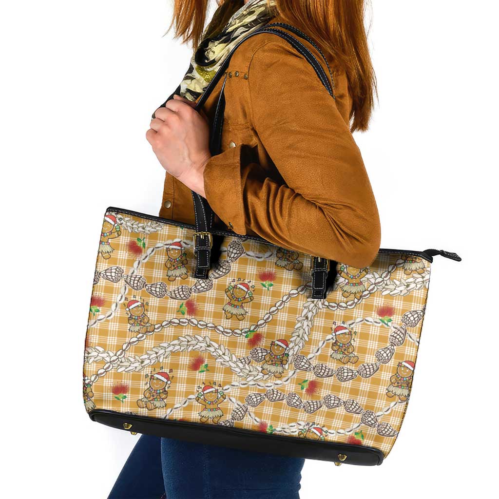 Gold Palaka Hawaii Mele Kalikimaka Leather Tote Bag Ohia Lehua Shell Leis Funny Gingerbread Santa - Polynesian Pride