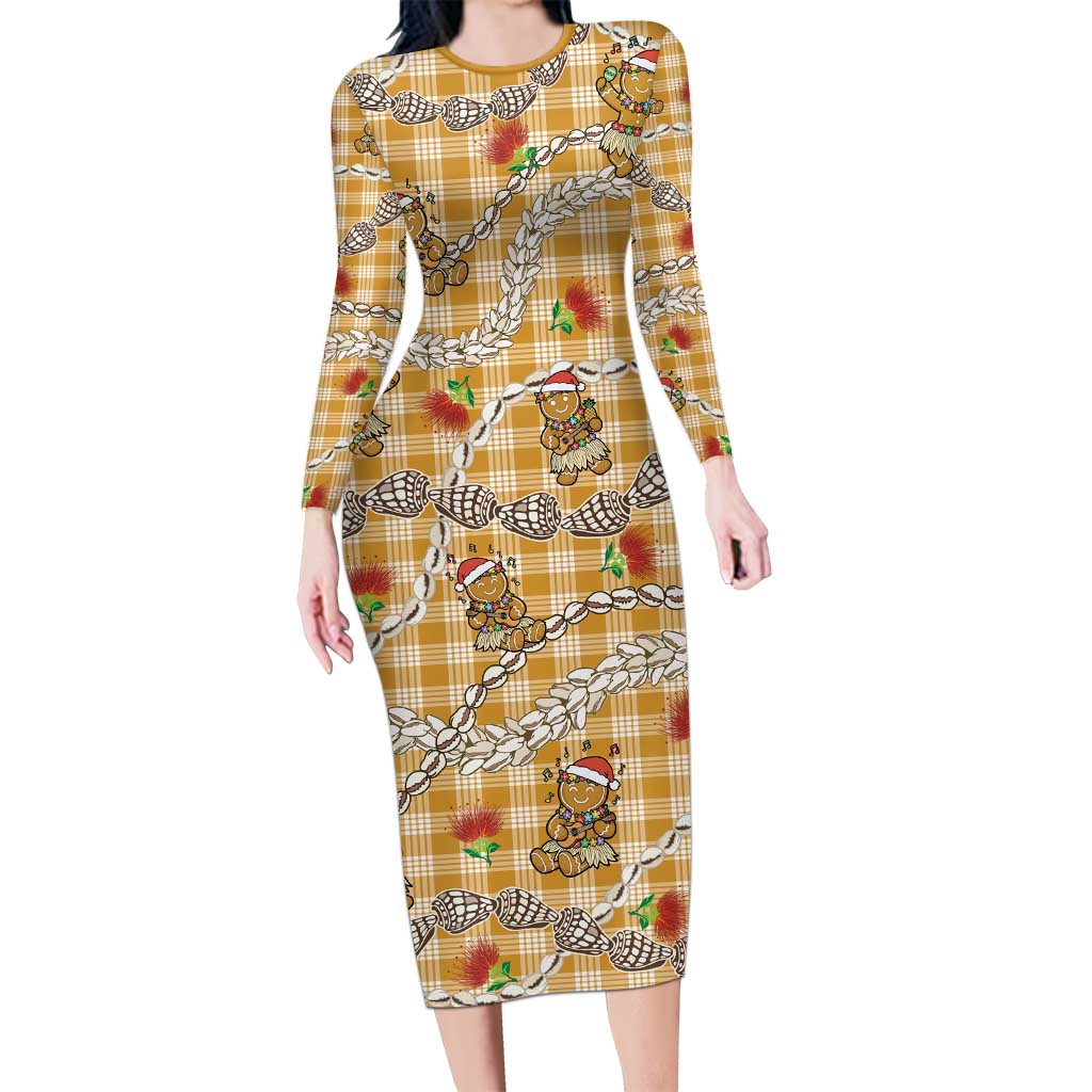 Gold Palaka Hawaii Mele Kalikimaka Long Sleeve Bodycon Dress Ohia Lehua Shell Leis Funny Gingerbread Santa - Polynesian Pride