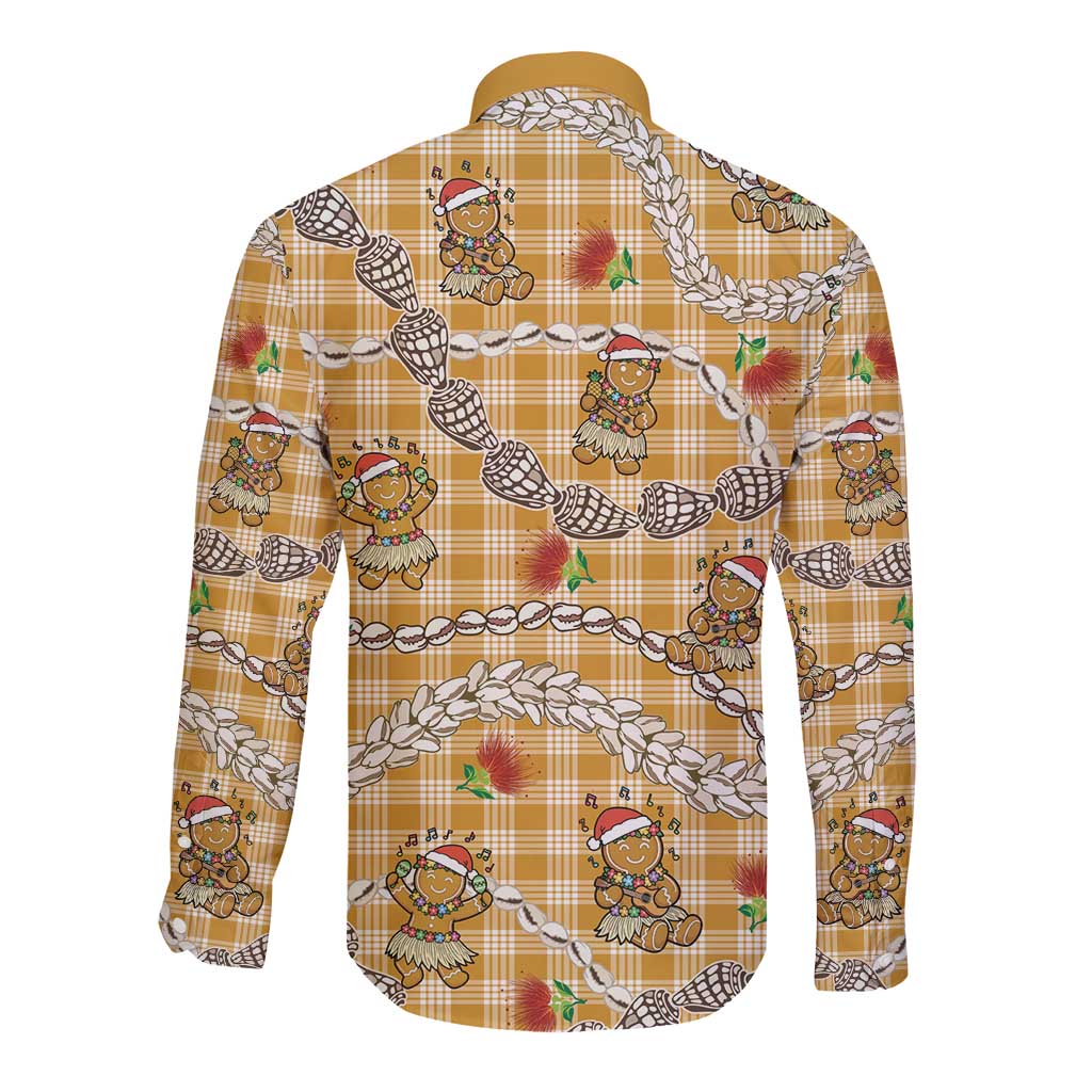 Gold Palaka Hawaii Mele Kalikimaka Long Sleeve Button Shirt Ohia Lehua Shell Leis Funny Gingerbread Santa - Polynesian Pride