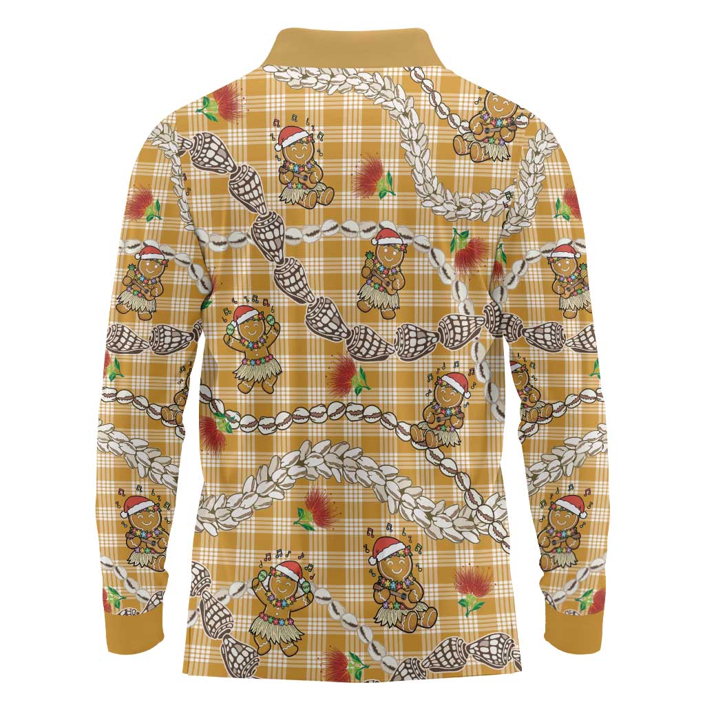 Gold Palaka Hawaii Mele Kalikimaka Long Sleeve Polo Shirt Ohia Lehua Shell Leis Funny Gingerbread Santa - Polynesian Pride