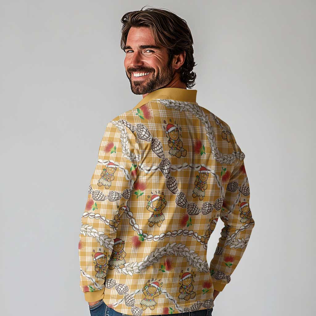 Gold Palaka Hawaii Mele Kalikimaka Long Sleeve Polo Shirt Ohia Lehua Shell Leis Funny Gingerbread Santa - Polynesian Pride