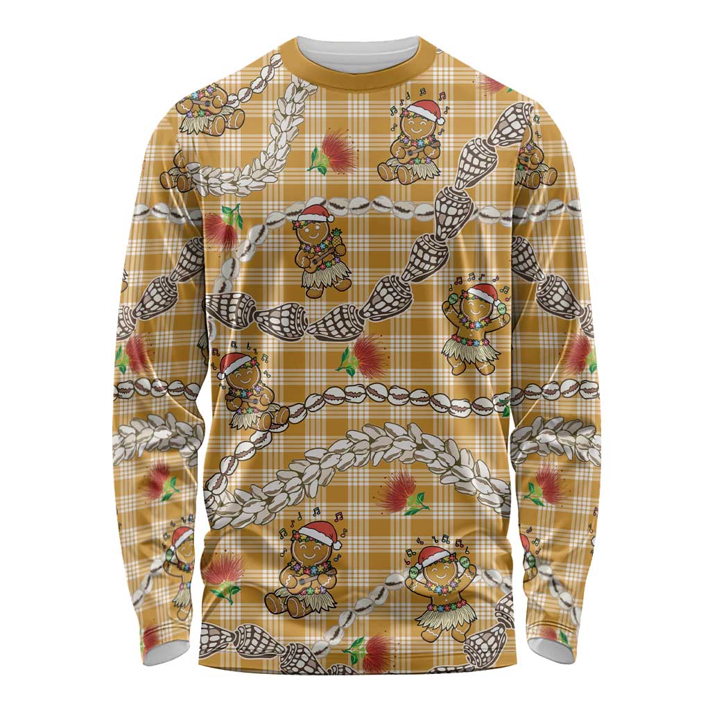Gold Palaka Hawaii Mele Kalikimaka Long Sleeve Shirt Ohia Lehua Shell Leis Funny Gingerbread Santa - Polynesian Pride