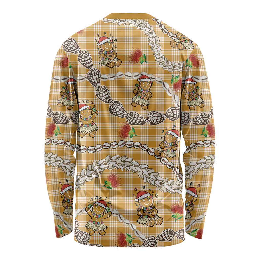 Gold Palaka Hawaii Mele Kalikimaka Long Sleeve Shirt Ohia Lehua Shell Leis Funny Gingerbread Santa - Polynesian Pride
