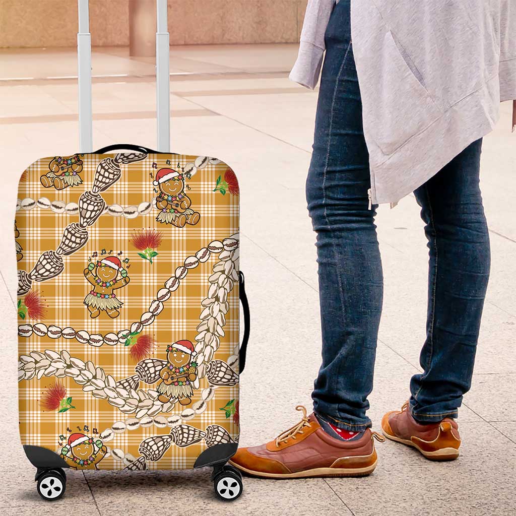 Gold Palaka Hawaii Mele Kalikimaka Luggage Cover Ohia Lehua Shell Leis Funny Gingerbread Santa - Polynesian Pride