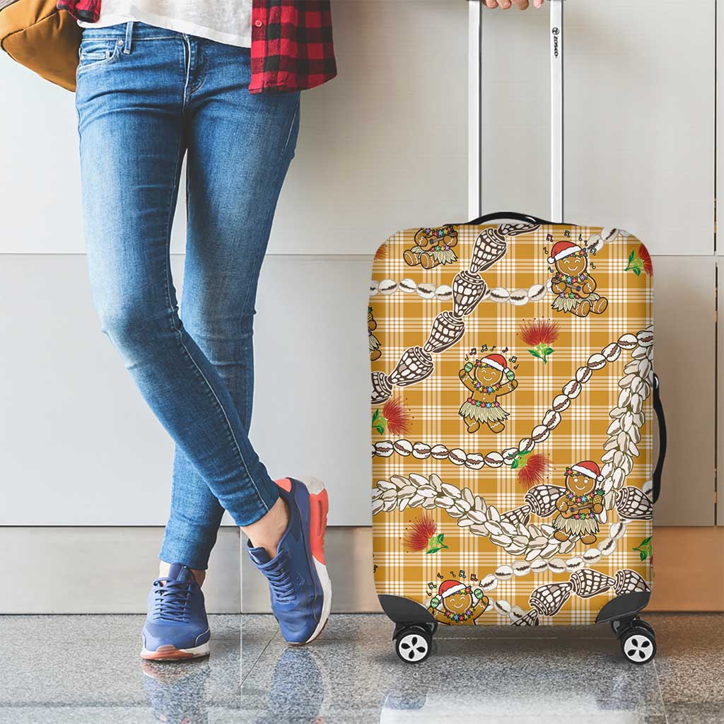 Gold Palaka Hawaii Mele Kalikimaka Luggage Cover Ohia Lehua Shell Leis Funny Gingerbread Santa - Polynesian Pride