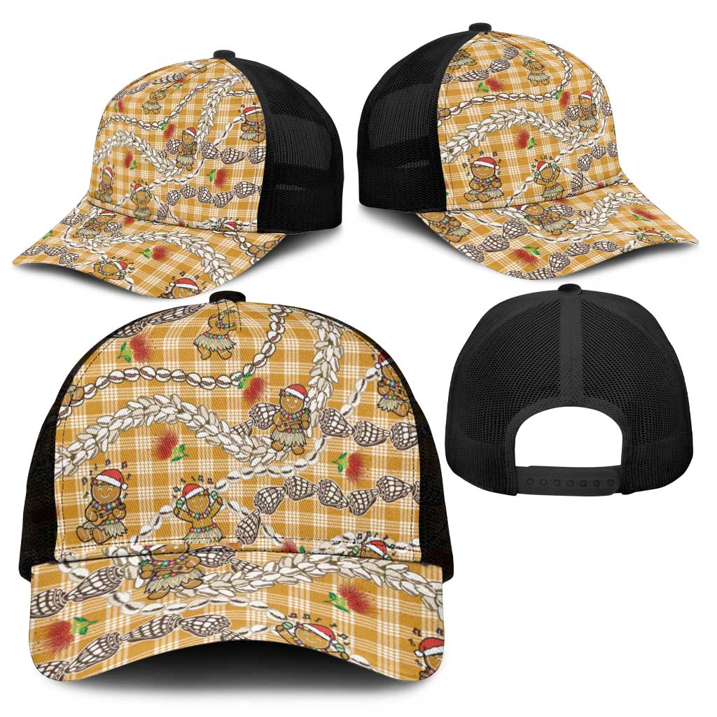 Gold Palaka Hawaii Mele Kalikimaka Mesh Trucker Cap Ohia Lehua Shell Leis Funny Gingerbread Santa - Polynesian Pride