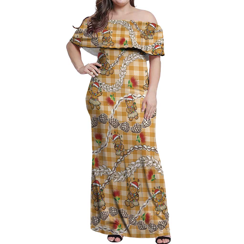 Gold Palaka Hawaii Mele Kalikimaka Off Shoulder Maxi Dress Ohia Lehua Shell Leis Funny Gingerbread Santa - Polynesian Pride