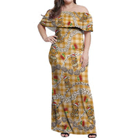 Gold Palaka Hawaii Mele Kalikimaka Off Shoulder Maxi Dress Ohia Lehua Shell Leis Funny Gingerbread Santa - Polynesian Pride