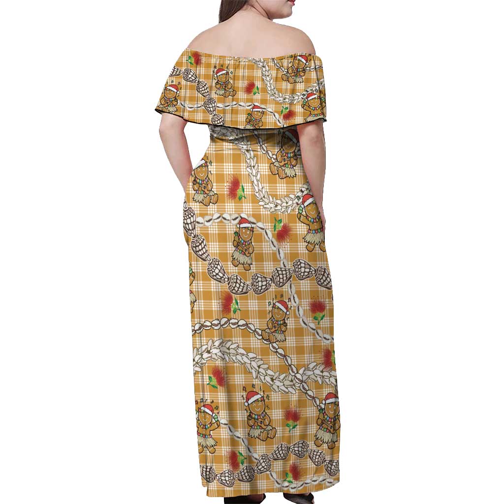 Gold Palaka Hawaii Mele Kalikimaka Off Shoulder Maxi Dress Ohia Lehua Shell Leis Funny Gingerbread Santa - Polynesian Pride