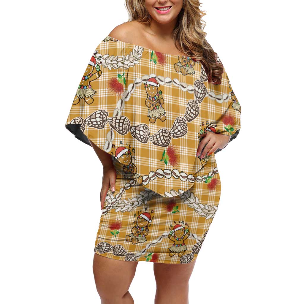 Gold Palaka Hawaii Mele Kalikimaka Off Shoulder Short Dress Ohia Lehua Shell Leis Funny Gingerbread Santa - Polynesian Pride
