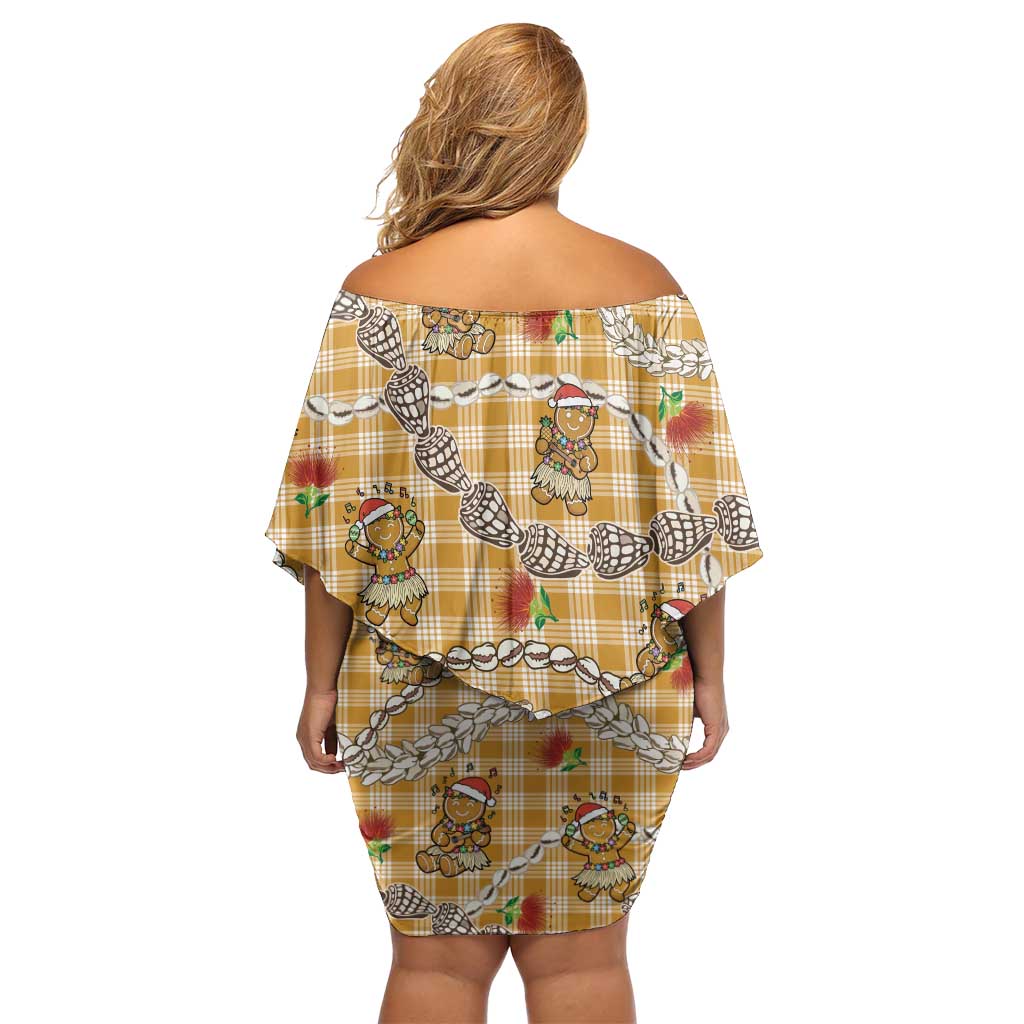Gold Palaka Hawaii Mele Kalikimaka Off Shoulder Short Dress Ohia Lehua Shell Leis Funny Gingerbread Santa - Polynesian Pride