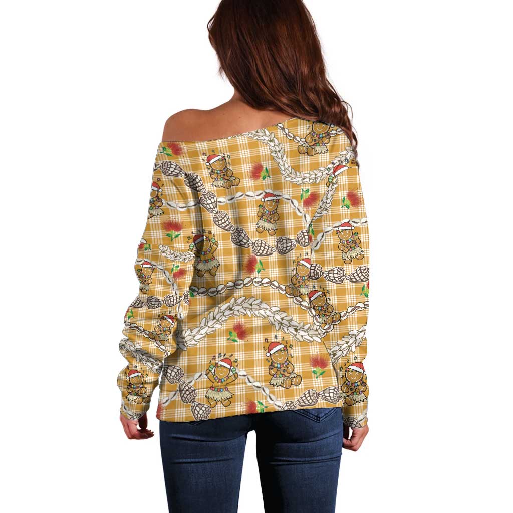 Gold Palaka Hawaii Mele Kalikimaka Off Shoulder Sweater Ohia Lehua Shell Leis Funny Gingerbread Santa - Polynesian Pride