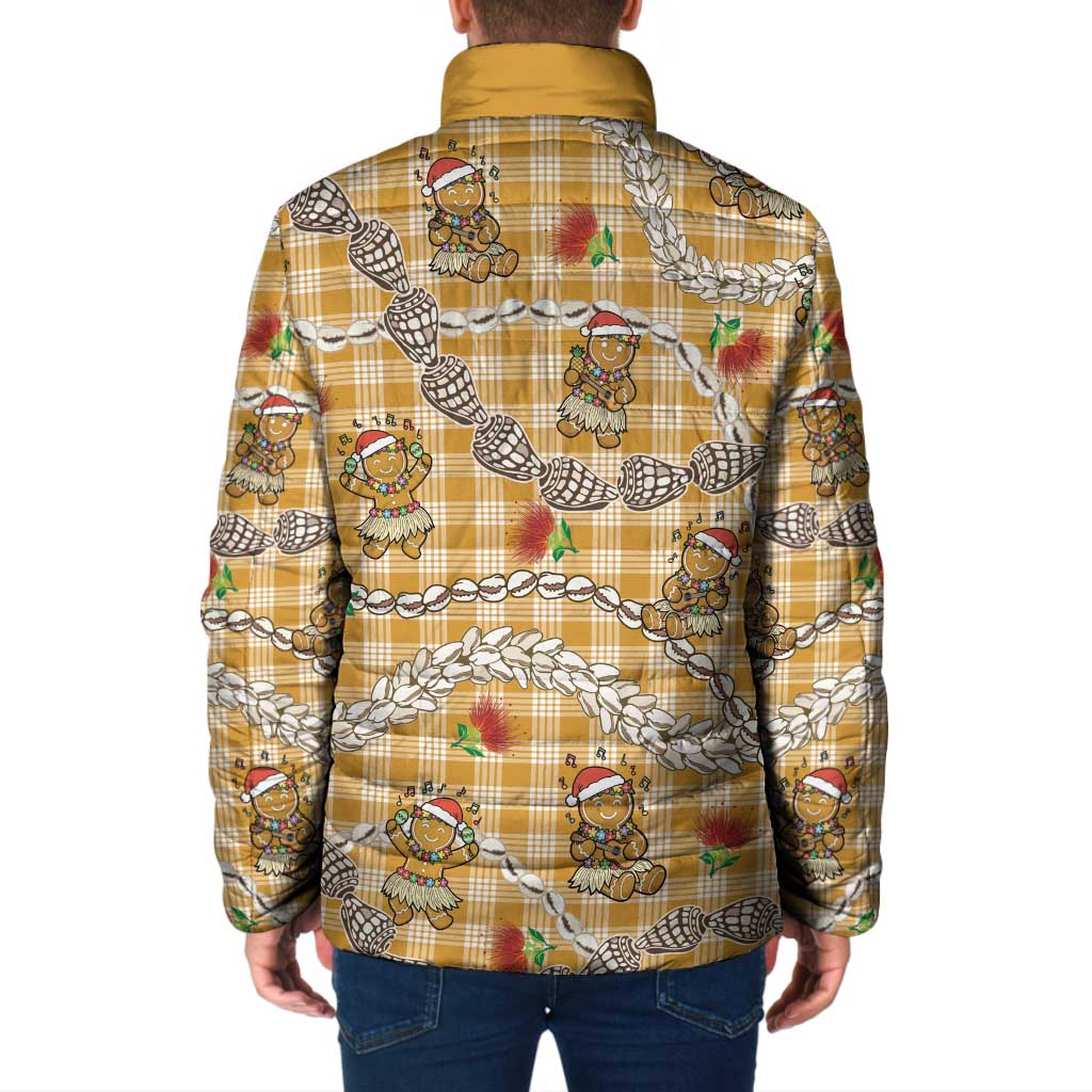 Gold Palaka Hawaii Mele Kalikimaka Padded Jacket Ohia Lehua Shell Leis Funny Gingerbread Santa - Polynesian Pride