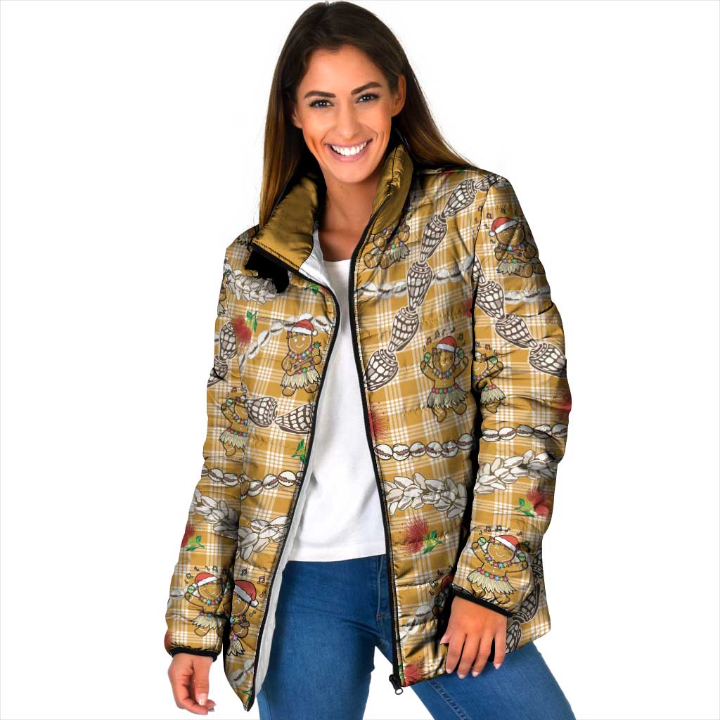 Gold Palaka Hawaii Mele Kalikimaka Padded Jacket Ohia Lehua Shell Leis Funny Gingerbread Santa - Polynesian Pride