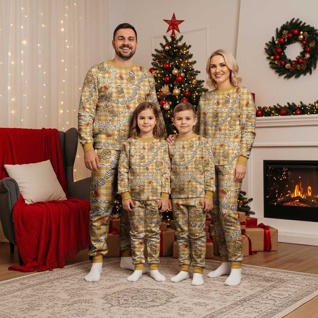 Gold Palaka Hawaii Mele Kalikimaka Christmas Pajama Set Ohia Lehua Shell Leis Funny Gingerbread Santa - Polynesian Pride