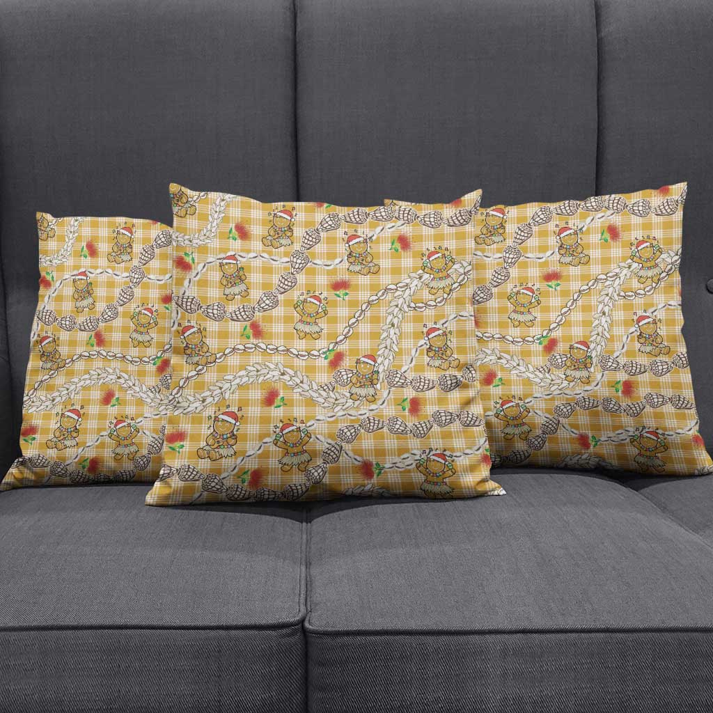 Gold Palaka Hawaii Mele Kalikimaka Pillow Cover Ohia Lehua Shell Leis Funny Gingerbread Santa - Polynesian Pride