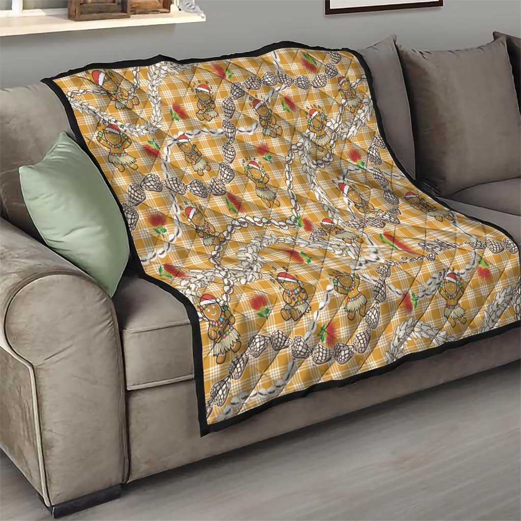 Gold Palaka Hawaii Mele Kalikimaka Quilt Ohia Lehua Shell Leis Funny Gingerbread Santa - Polynesian Pride