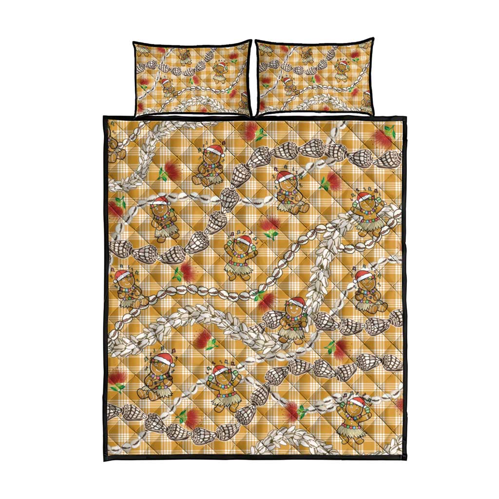 Gold Palaka Hawaii Mele Kalikimaka Quilt Bed Set Ohia Lehua Shell Leis Funny Gingerbread Santa - Polynesian Pride