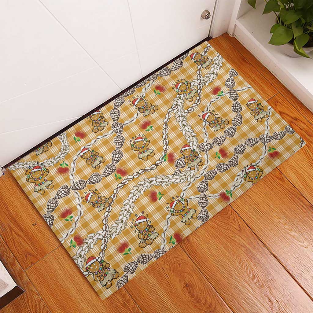 Gold Palaka Hawaii Mele Kalikimaka Rubber Doormat Ohia Lehua Shell Leis Funny Gingerbread Santa - Polynesian Pride