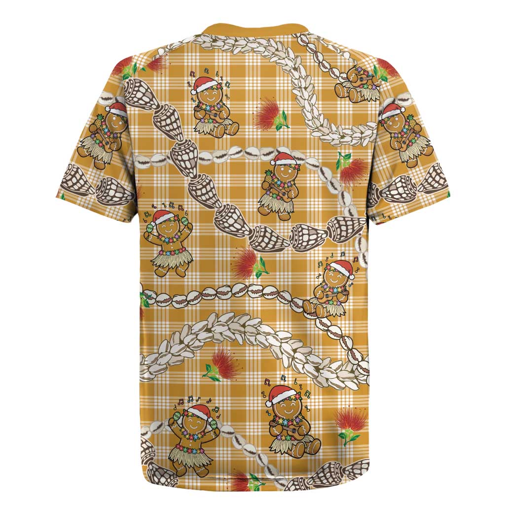 Gold Palaka Hawaii Mele Kalikimaka Rugby Jersey Ohia Lehua Shell Leis Funny Gingerbread Santa - Polynesian Pride