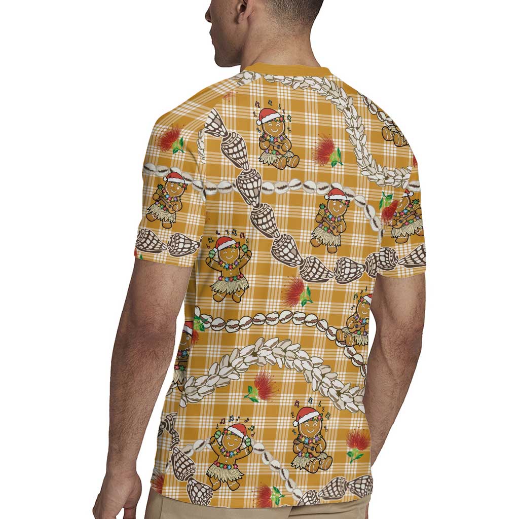 Gold Palaka Hawaii Mele Kalikimaka Rugby Jersey Ohia Lehua Shell Leis Funny Gingerbread Santa - Polynesian Pride