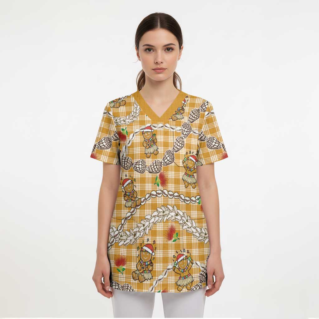 Gold Palaka Hawaii Mele Kalikimaka Scrub Top Ohia Lehua Shell Leis Funny Gingerbread Santa - Polynesian Pride