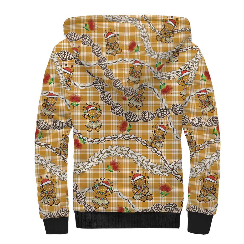 Gold Palaka Hawaii Mele Kalikimaka Sherpa Hoodie Ohia Lehua Shell Leis Funny Gingerbread Santa - Polynesian Pride