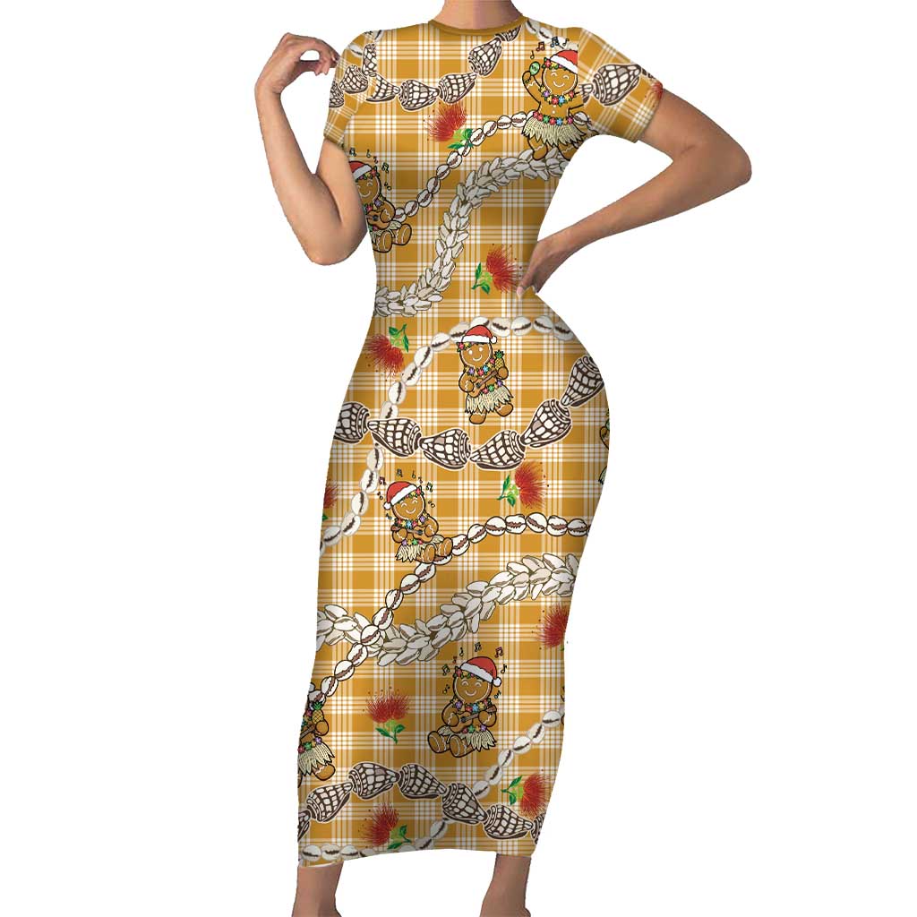 Gold Palaka Hawaii Mele Kalikimaka Short Sleeve Bodycon Dress Ohia Lehua Shell Leis Funny Gingerbread Santa - Polynesian Pride