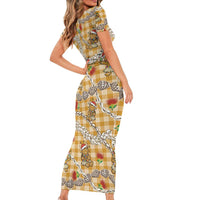 Gold Palaka Hawaii Mele Kalikimaka Short Sleeve Bodycon Dress Ohia Lehua Shell Leis Funny Gingerbread Santa - Polynesian Pride