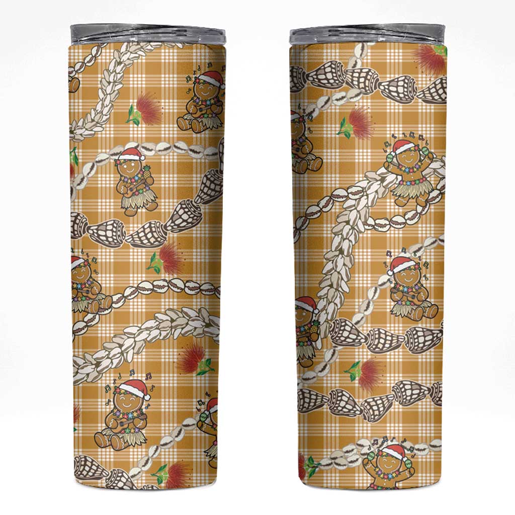 Gold Palaka Hawaii Mele Kalikimaka Skinny Tumbler Ohia Lehua Shell Leis Funny Gingerbread Santa - Polynesian Pride